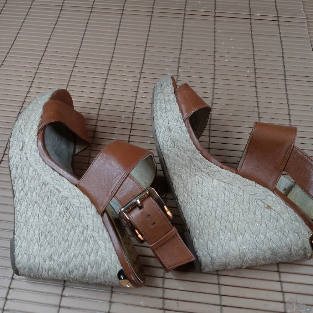 Michael Kors women's brown leather ankle strap wedge platform espadrille. 4